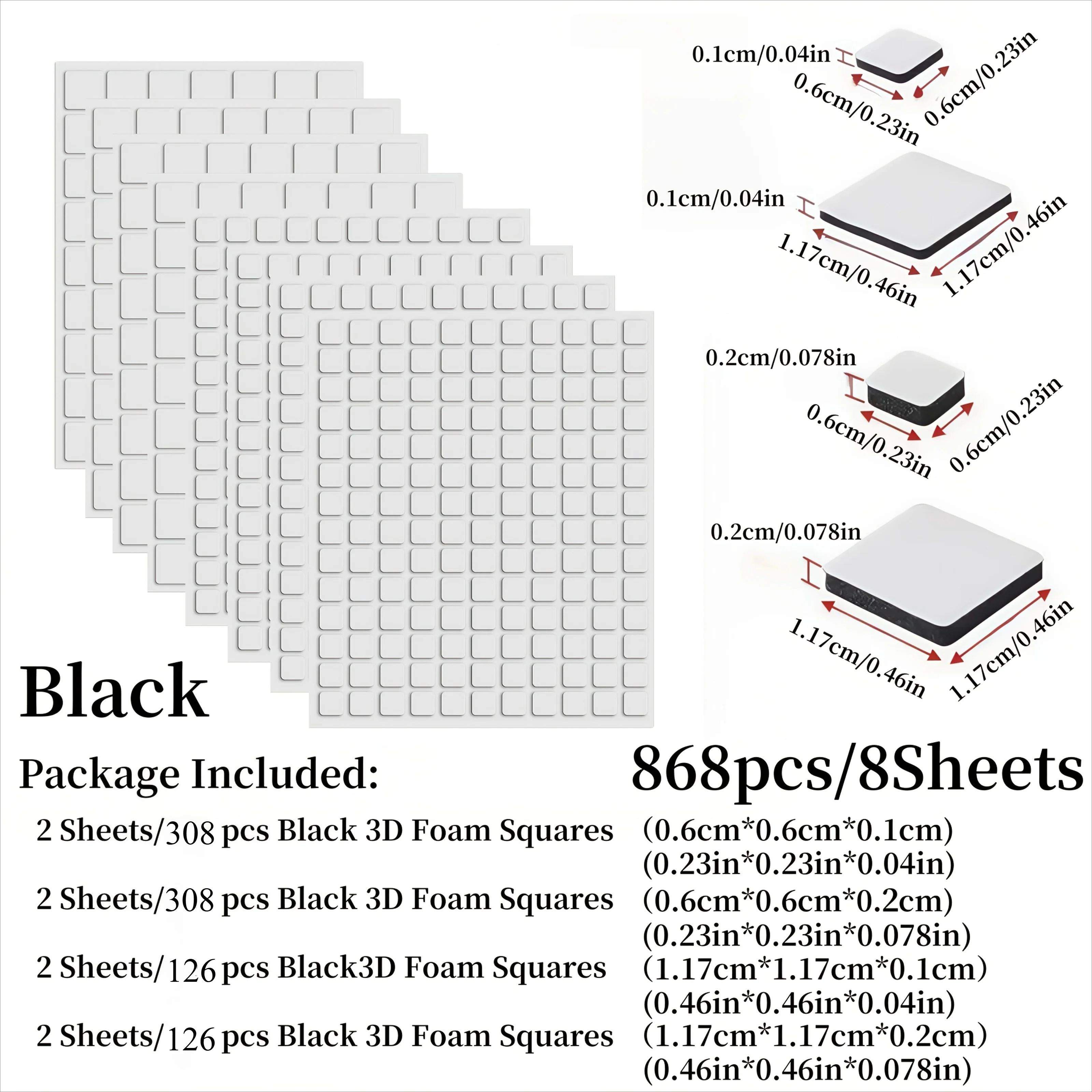 868pcs/8sheets 3D double-sided foam squares for card making, used to create depth, white permanent adhesive, D bonding