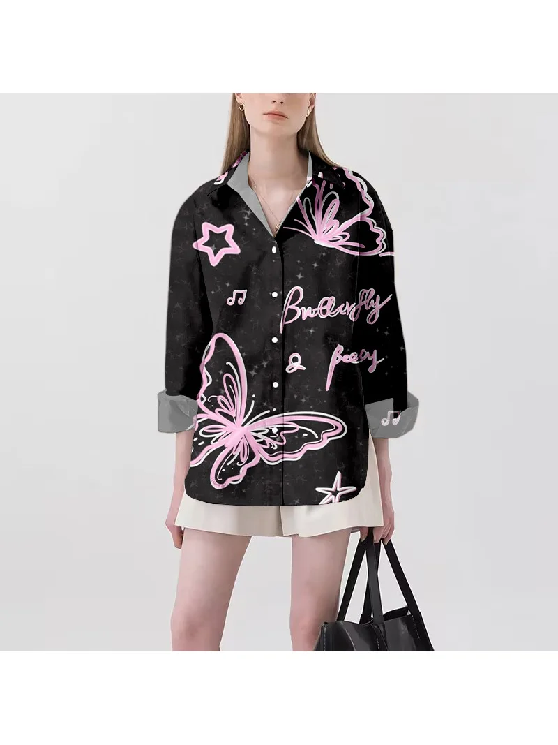 Fashion Casual Ladies Shirt Insect Butterfly Print Lapel Long Sleeve Shirt Personalized Trend Suitable for any occasion Fashion