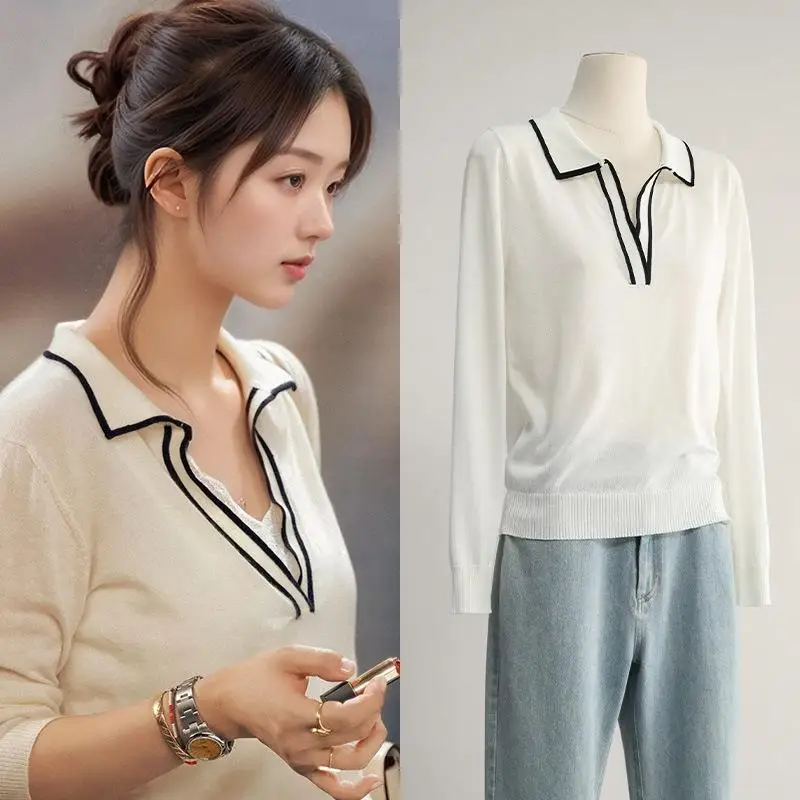 

Восстанавливаемый вязаный свитер с цветным воротником, базовый слой, топ для женщин, колледж, весенний сезон, длинный свеч, экипаж Ne