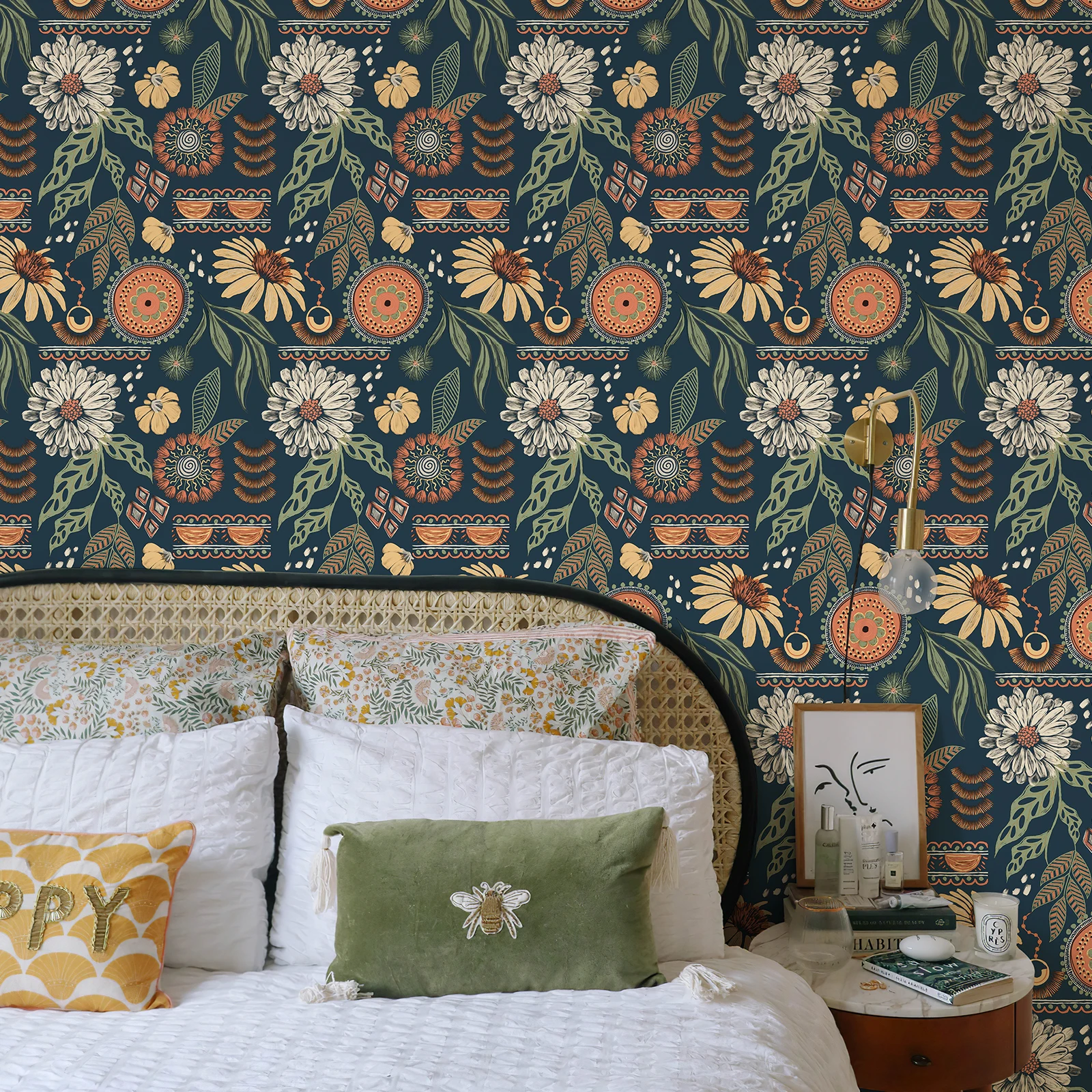 

Navy Blue Self-adhesive Bohemian Floral Wallpaper Waterproof Peel And Stick Living Room Kitchen or Bathroom Flower Wall Stickers