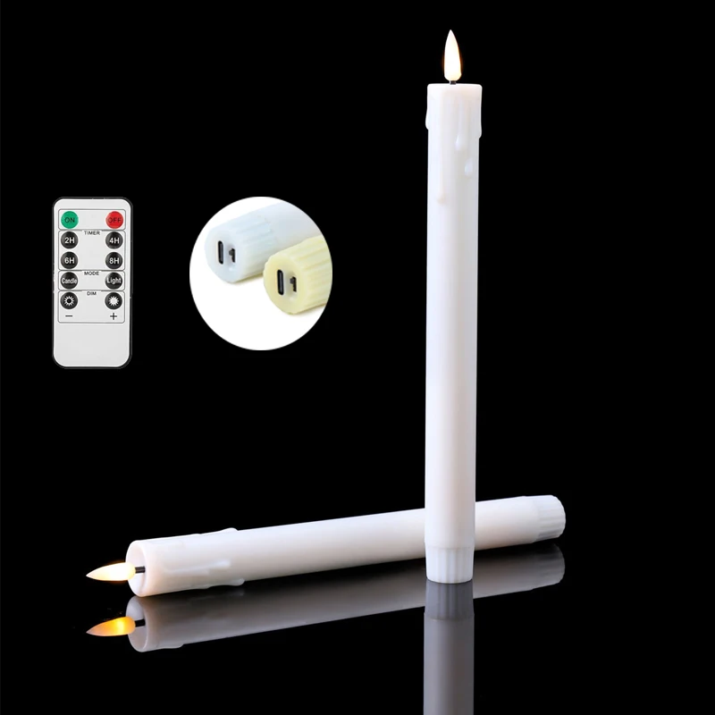 

Rechargeable Flameless Timer Remote Taper Candles & Timer, 2pcs 0.88" x9.95" LED Flickering Dripping Wax Window Tall Fake Ivory