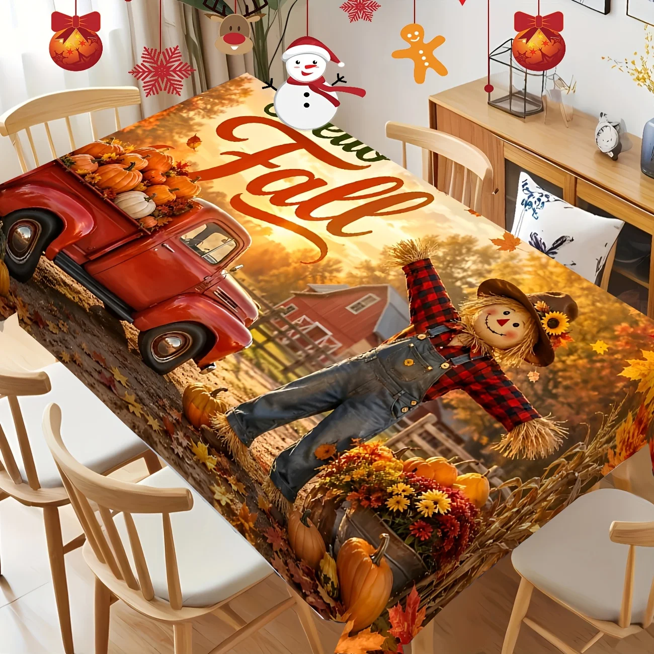 JIT 2d flat printing Vintage Orange Autumn Farm Pumpkin Hayman Statue Printed Tableclothzyc