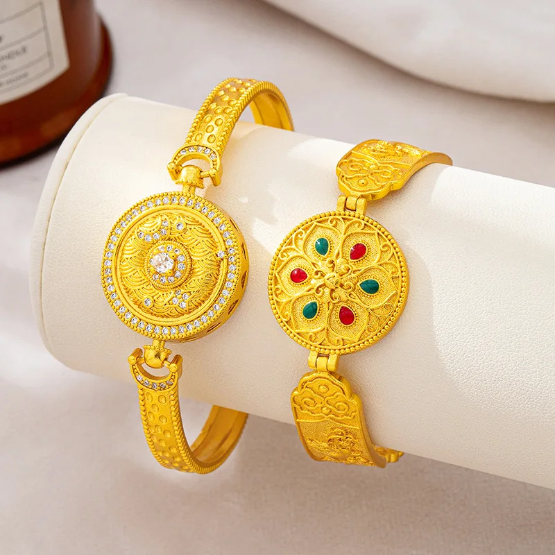 

Unique 24K Gold AU999 Diamond Inlaid Auspicious Eight Treasures Compass Bracelet for Women, low-key luxury retro style