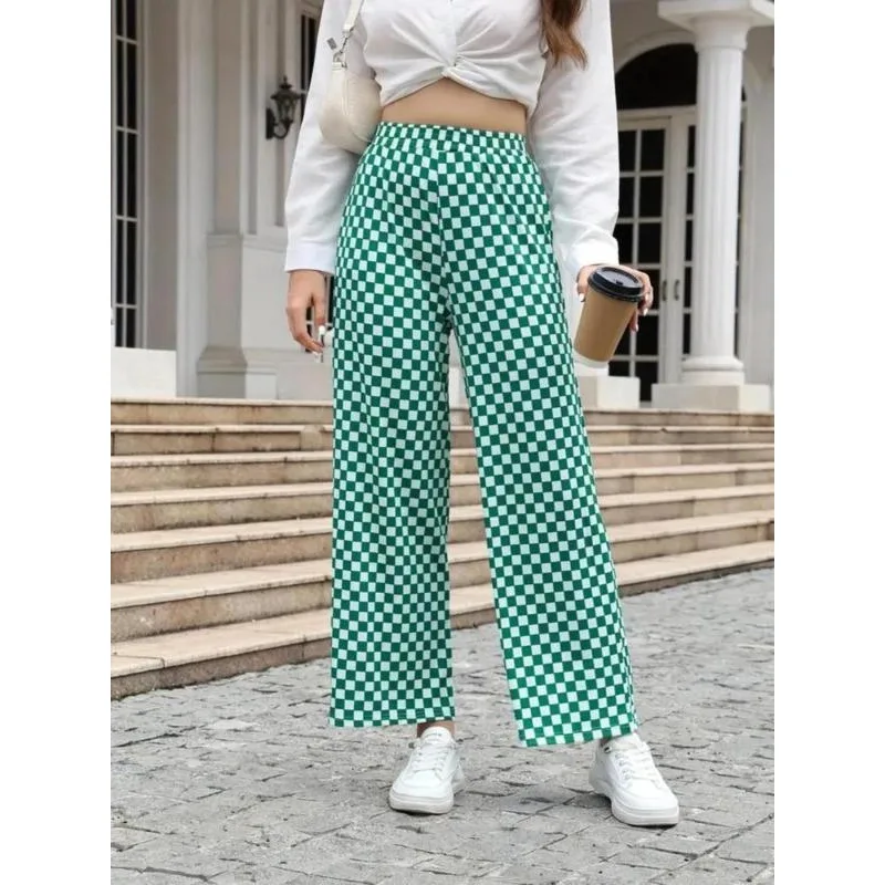 

Plus Size 1XL-5XL Women's Casual Plaid Printed Wide Leg Pants Ladies Fashionable Elastic Waistband Long Trousers