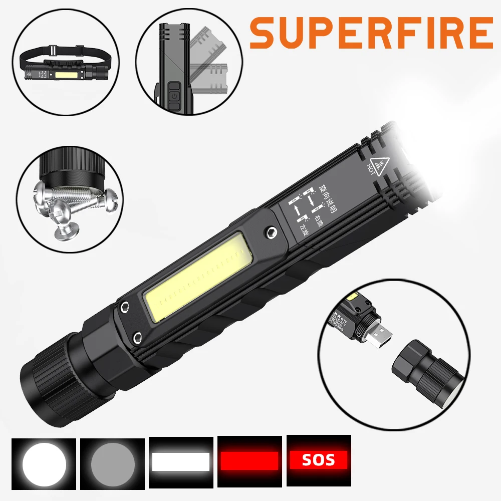 

SUPERFIRE G19 LED+COB Headlamp with Magnet 90° Flashlight USB Rechargeable Headlight Powerful Torch for Camping Work Light