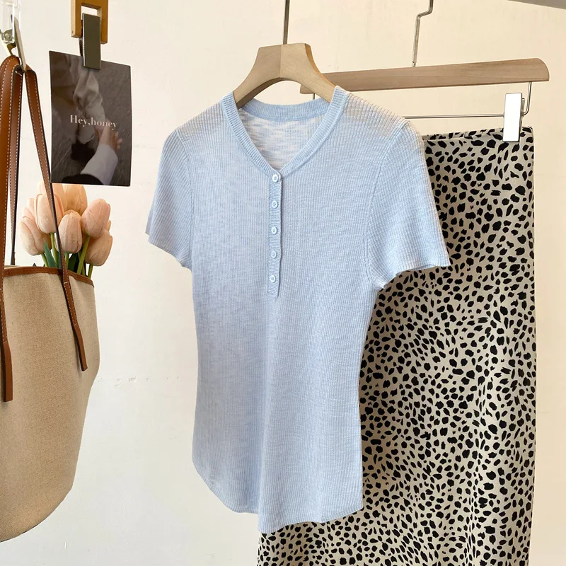 Dave&di 26 Summer New Product: Henry Neck Short Sleeve Knitted Shirt Bamboo Hemp Half Open Chest Small Button Pit Strip Top