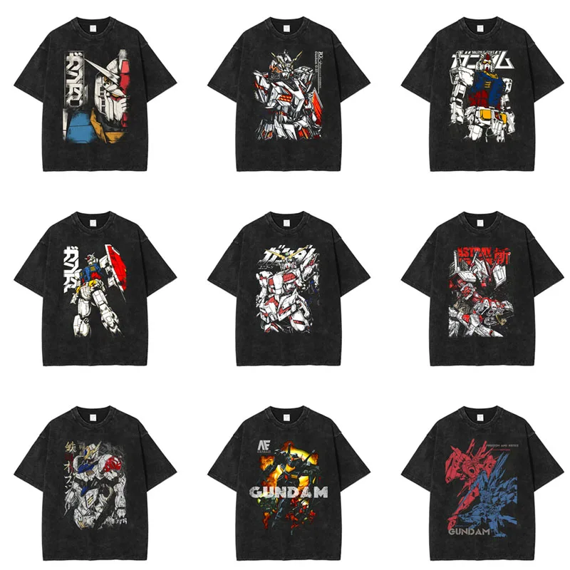

2025 New Hot BANDAI Gundam Mobile Suit Comic Gundam Printed Retro Cotton Washed Crew Neck Loose Short Sleeve T-Shirt T-shirt