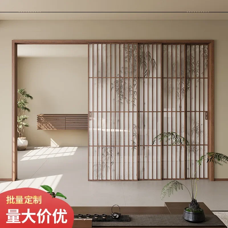 New Chinese bamboo shadow glass door kitchen balcony living room partition sliding door retro grille Song's aesthetic sliding