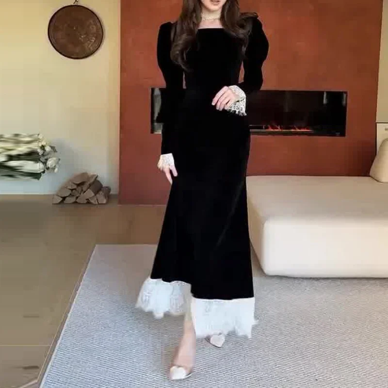 

Winter Evening Dress Square Collar Lace Splicing Waist Luxury Style Women's Fashion Elegant Gown