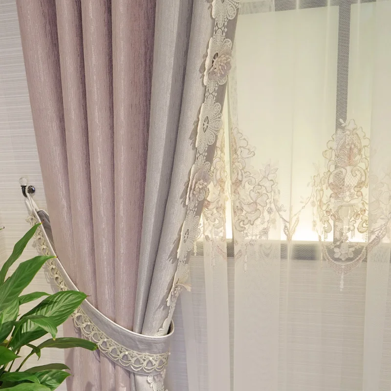 Princess Purple Pink Jacquard Patched Curtains for Living Room Bedroom French Window Balcony Bay Window Partition Customized