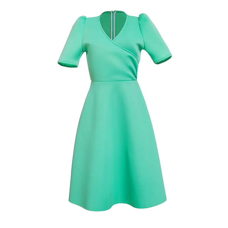 فساتين صيفية كاجوال برقبة على شكل حرف V وأكمام قصيرة بطول الركبة أنيقة للنساء على شكل حرف a أنيقة ونحيفة باللون الأخضر فستان متوسط الطول #6