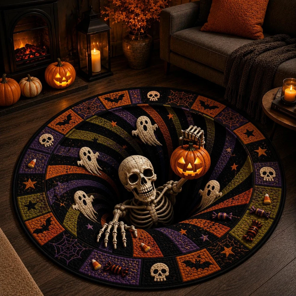 Halloween Checkered Pumpkin Bat Skeleton 3D Visual print Circle Rug porch game room home decor NonSlip Rug Present 2D flat print