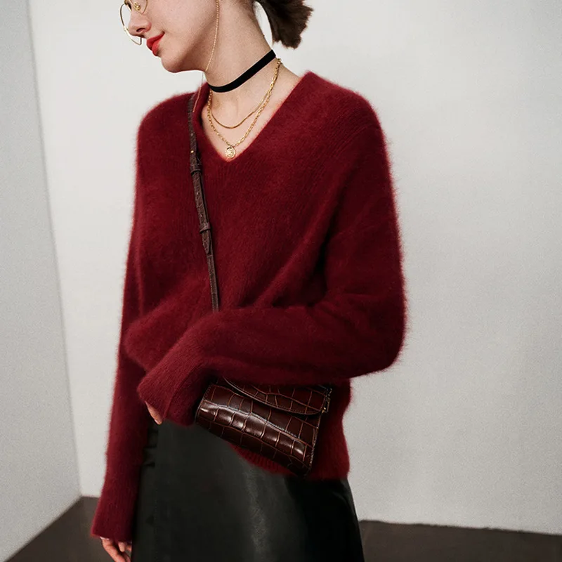 Raccoon Velvet Luxury V-Neck Gentle Wine Red Loose Lazy Style Large Size Winter Warm Knit Sweater