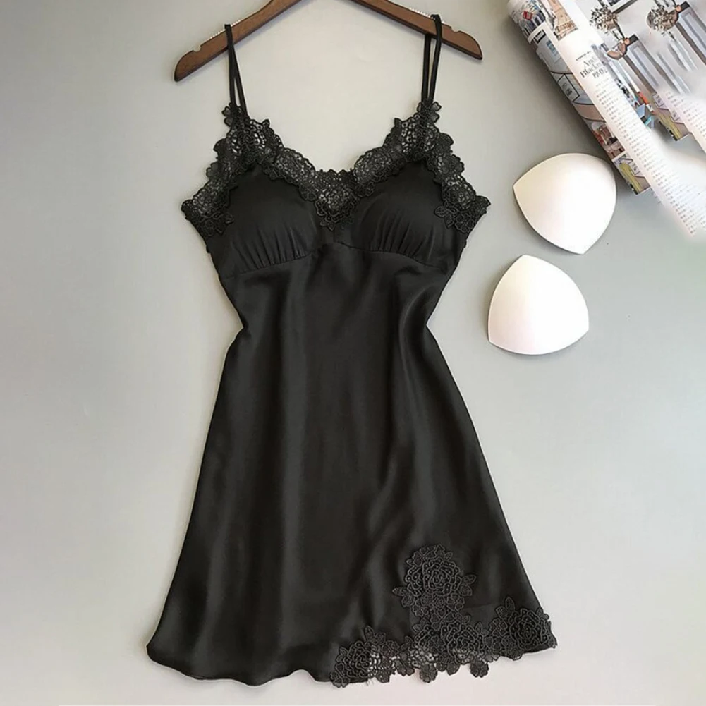 

Sexy Women's Ice Silk Nightgown Sleeveless Chest Cushion Design Soft Fabric Sleepwear Suitable for Four Seasons