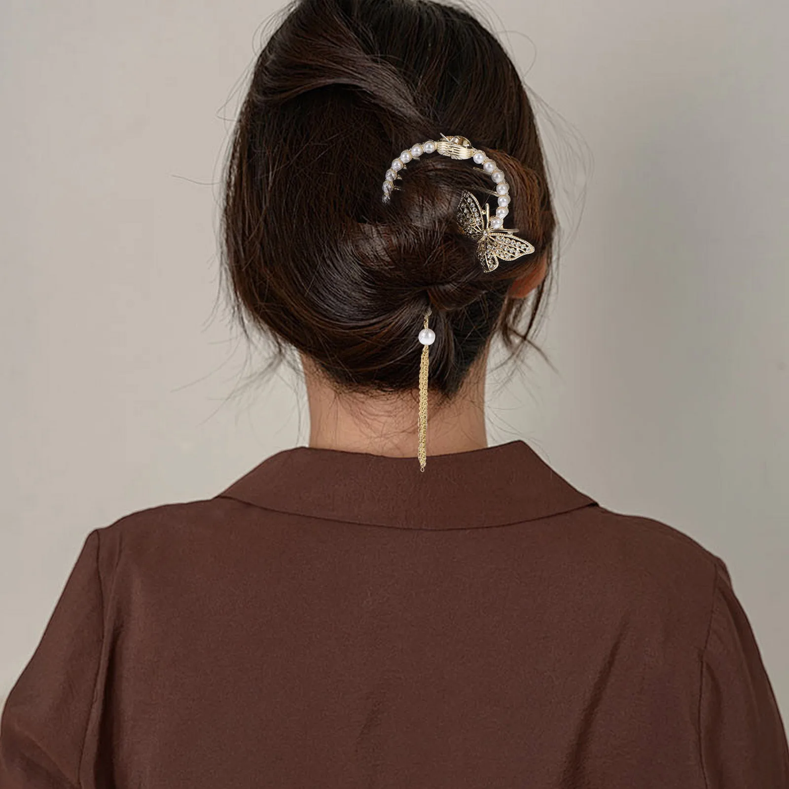 

Pearl Hair Pins Decorative Butterfly Clips Silver Tassel Bridal Bun Accessory Elegant Design Versatile Use Strong Hold Practical