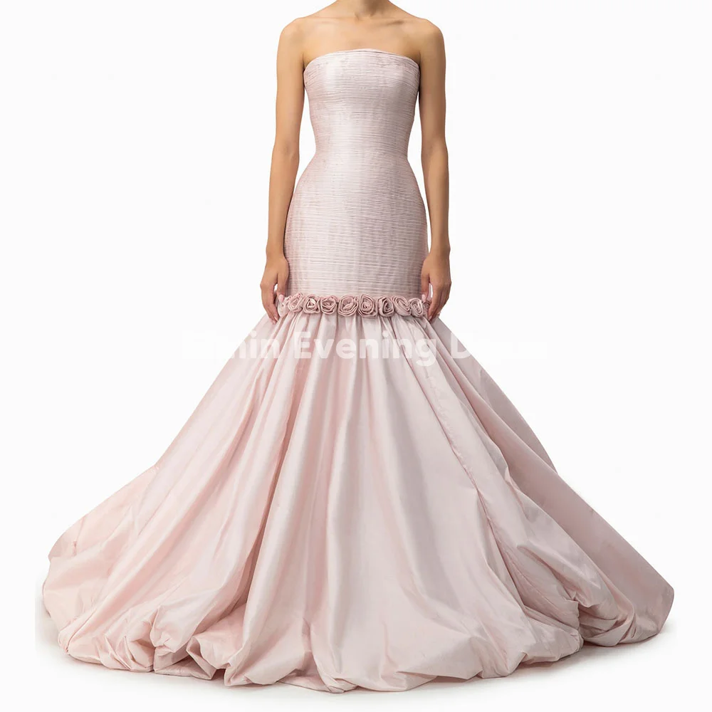 

Simin Women's Satin Strapless Pleats 3D Flowers Mermaid Sauid Evening Dress With Sleeveless Floor-Length Elegant Party Gown 2025