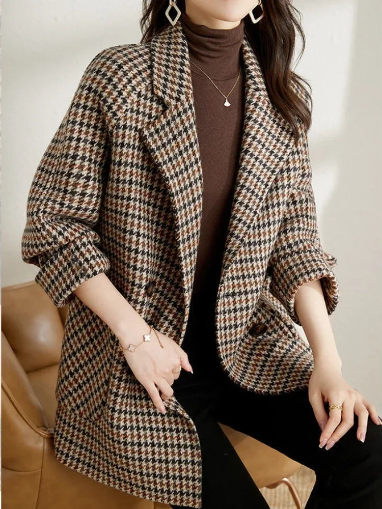 Women Coat Plaid Woolen Coat for Women\'s Autumn Winter Overcoat Korean Fashion Mid Length Coat for Women\'s Clothing Tops