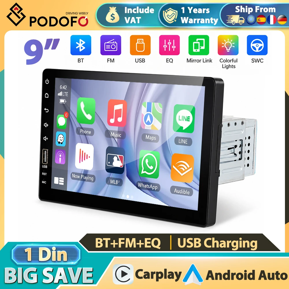 Podofo 1-Din Samochodowy Odtwarzacz Multimedialny MP5 1Din 9'' Radio Samochodowe Bezprzewodowy Carplay Android Auto Bluetooth FM Mirror Link Odtwarzacz MP5 Siedem Kolorów Podświetlenia