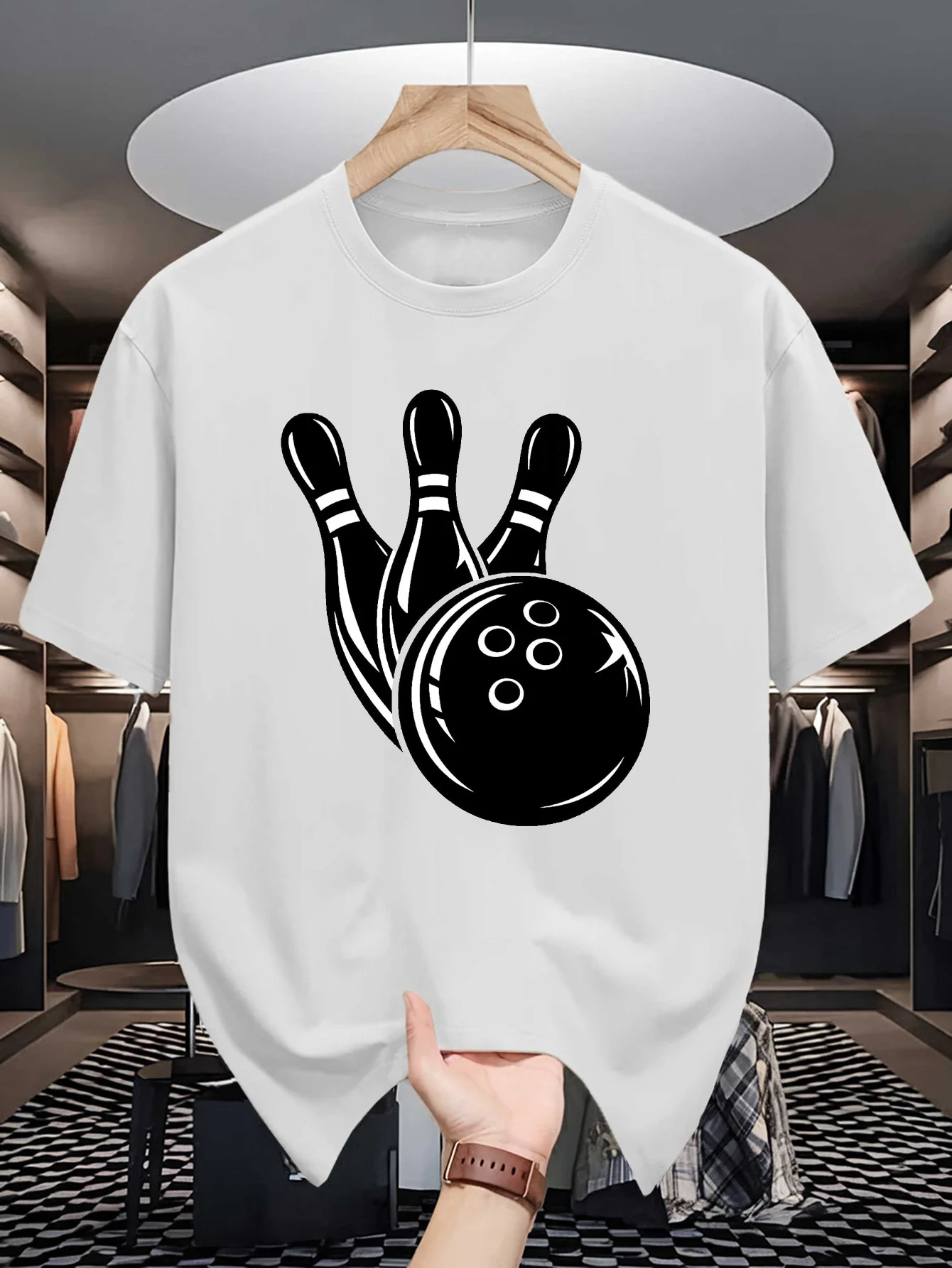Mens Silhouette Bowling Ball Pins Graphic Tee Simple Sport Print O Neck Short Sleeve Cotton Tops For Bowling Fan Player Men