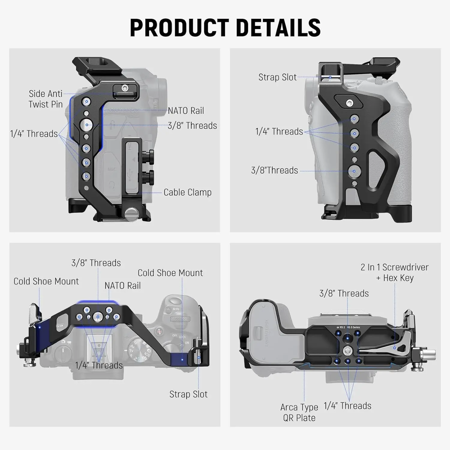 NEEWER EOS R8 Camera Cage with HDMI Cable Clamp, NATO Rail, Quick Release Arca Type Base, Anti Twist Screws