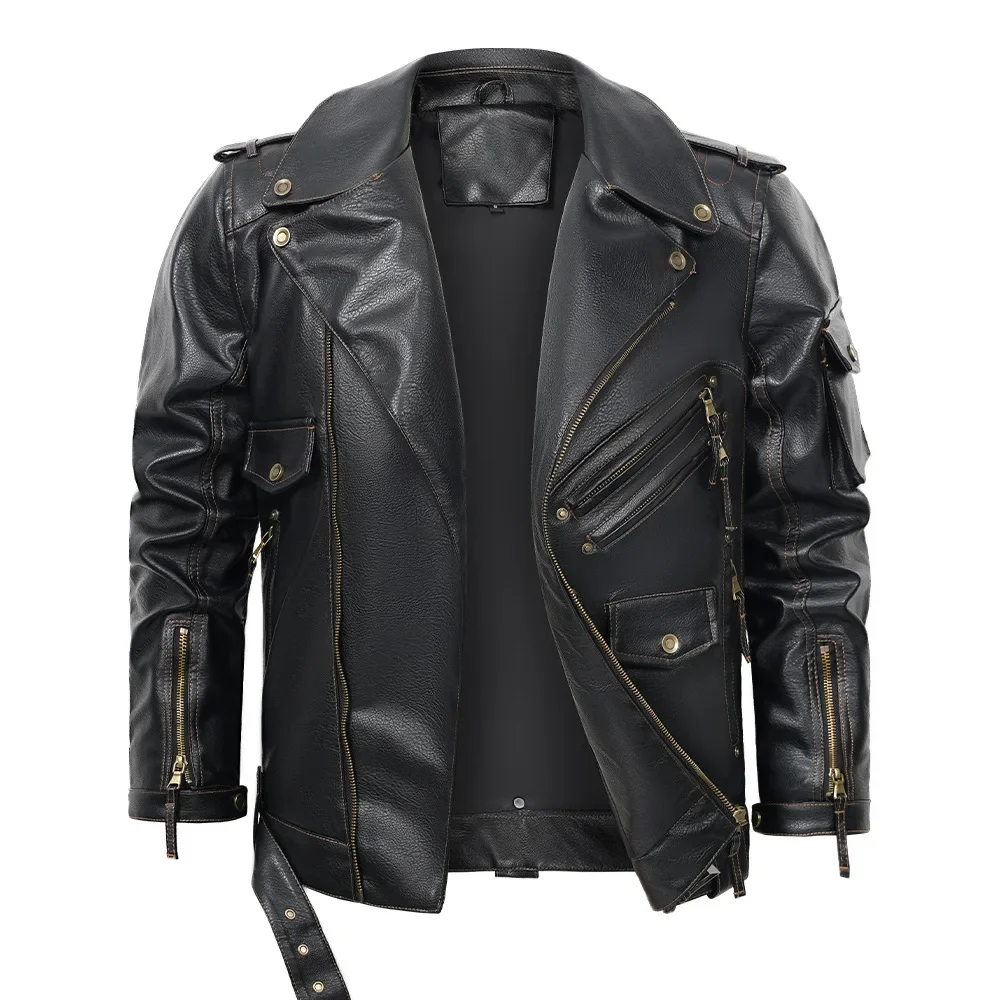 

Men Fashion Motorcycle PU Leather Jackets Cool Zipper Pockets Leather Coats Clothing Winter Mens Motorcycle Leather Jackets