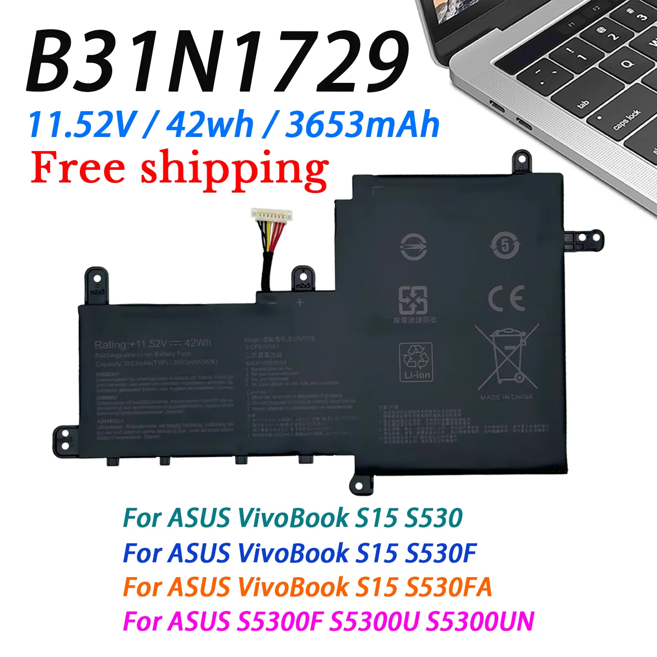 B31N1729 Laptop Battery For ASUS VivoBook S5300F S5300U S5300UN S530F S530UA S530UN X530F X530FN X530UN 11.52V 42Wh