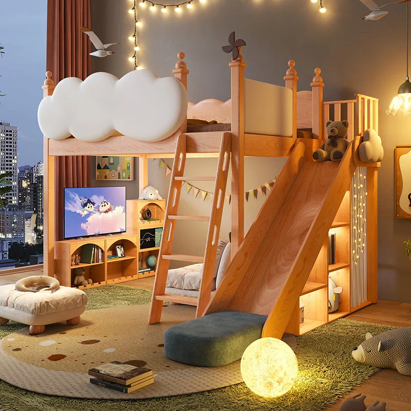 Upper and lower bunk half-height bed Bunk bed Solid wood princess Upper and lower beds Children's room Tree house slide bed