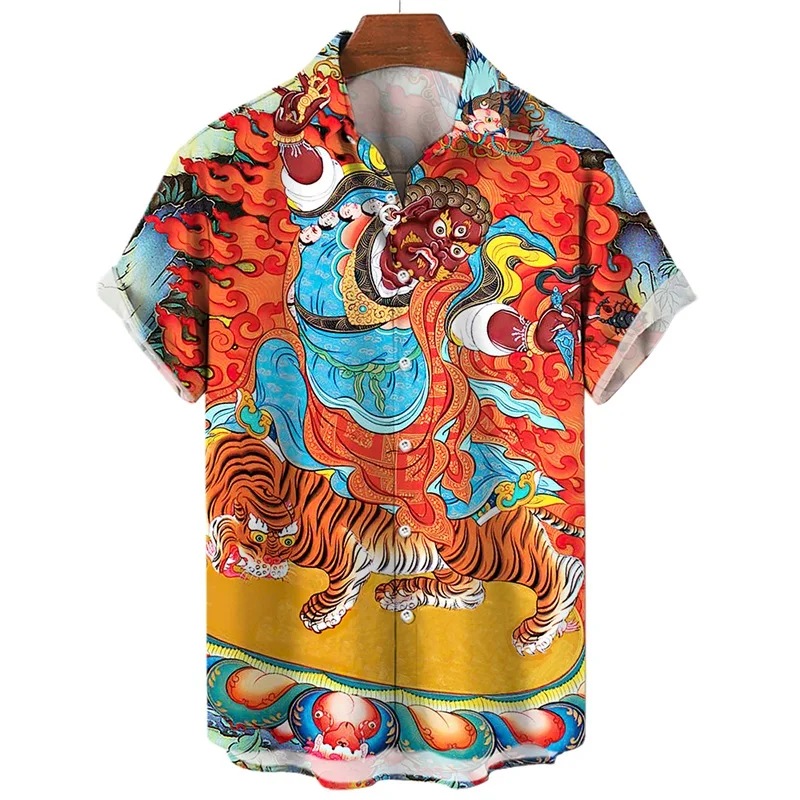 New Chinese Style Traditional Thangka Tiger Statue Printed Short Sleeved Shirt for Men's Summer Loose Collared Couple Shirt