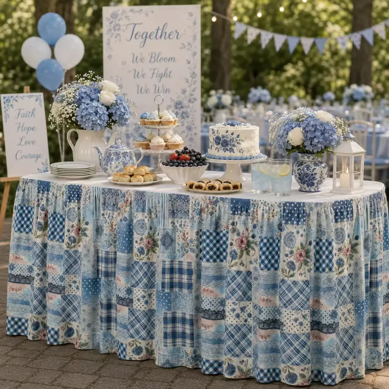 Table skirt: 1 piece. 2D flat printing. Pattern: Blue-brown patchwork with embroidered flower and floral motifs, dotted lace.