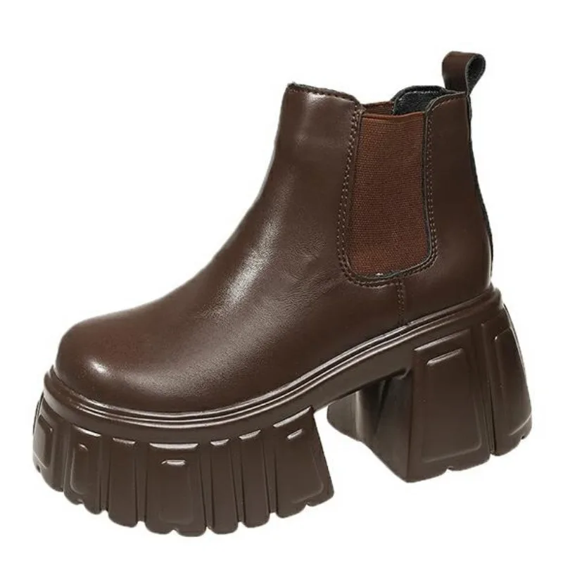 Bottes de rinçage épaisses en cuir pour femmes, bottillons de moto coordonnants, bottes à plateforme haute, optique astronomique, talons de 9cm, automne et hiver 2025