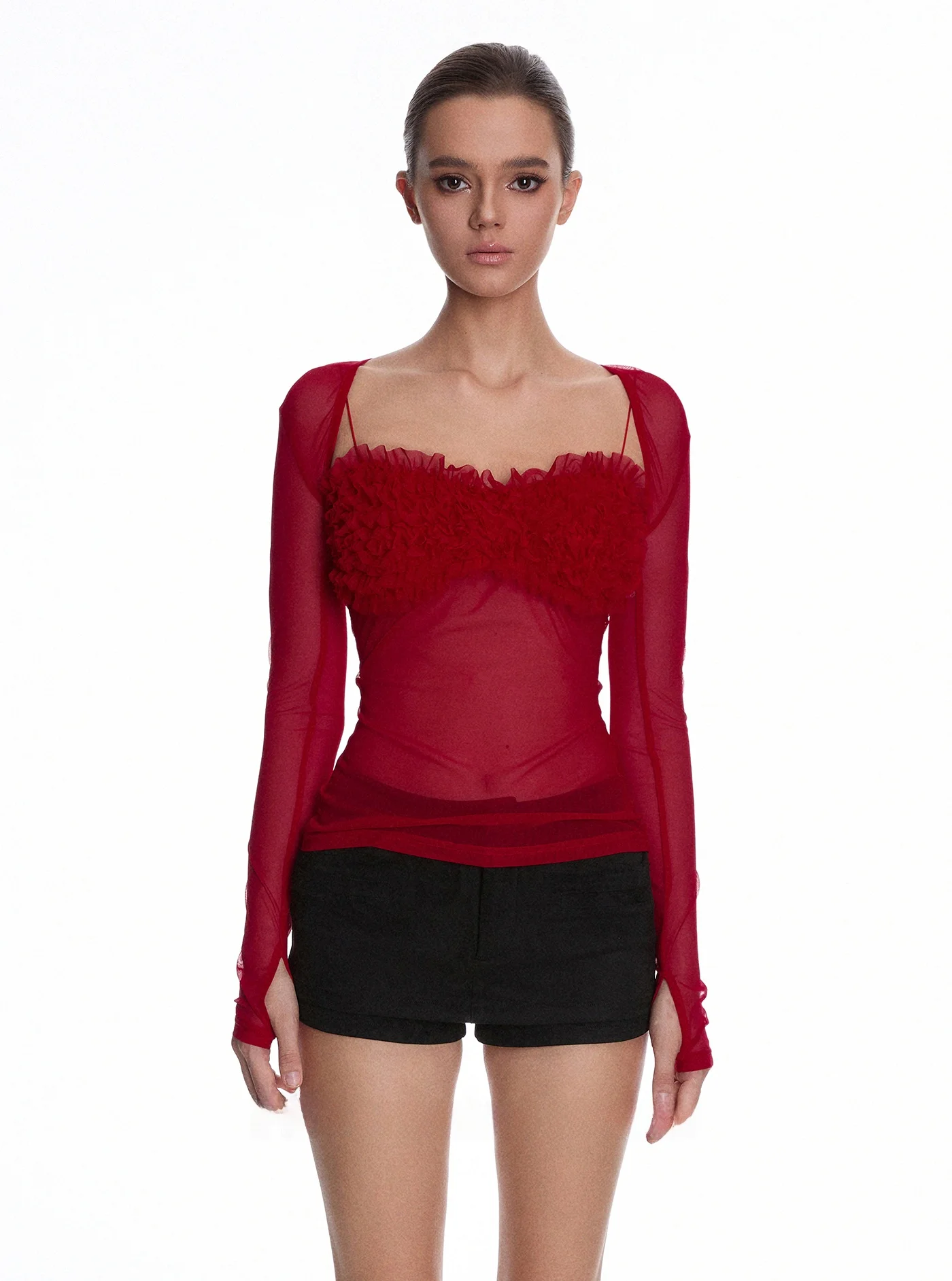 

Красная кружевная длинная футболка Sve, облегающий базовый слой с комплектом из двух предметов, брюки, повседневная мода для молодых женщин