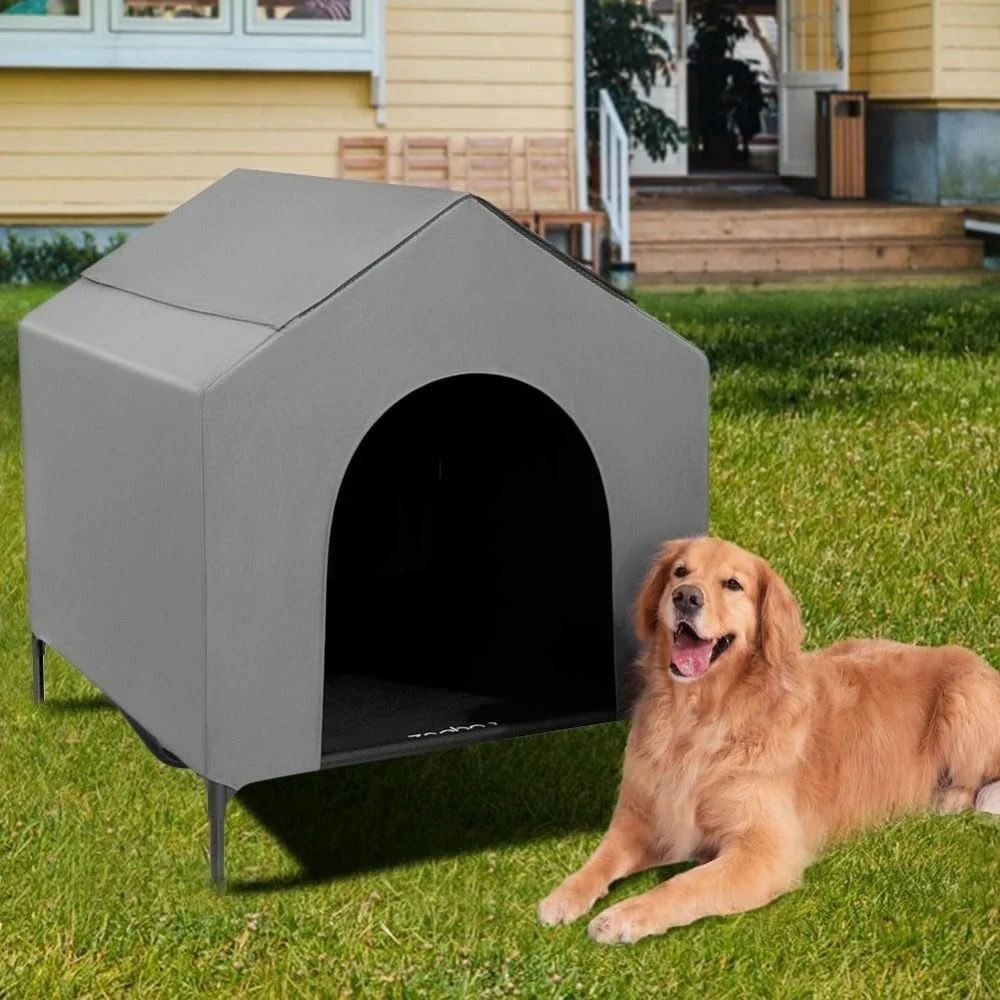 

Outdoor Dog House for Large Breeds, Durable Dog Shelter with Weatherproof 600D PVC Canopy, 2x1 Textilene Fabric Elevated Dog Bed