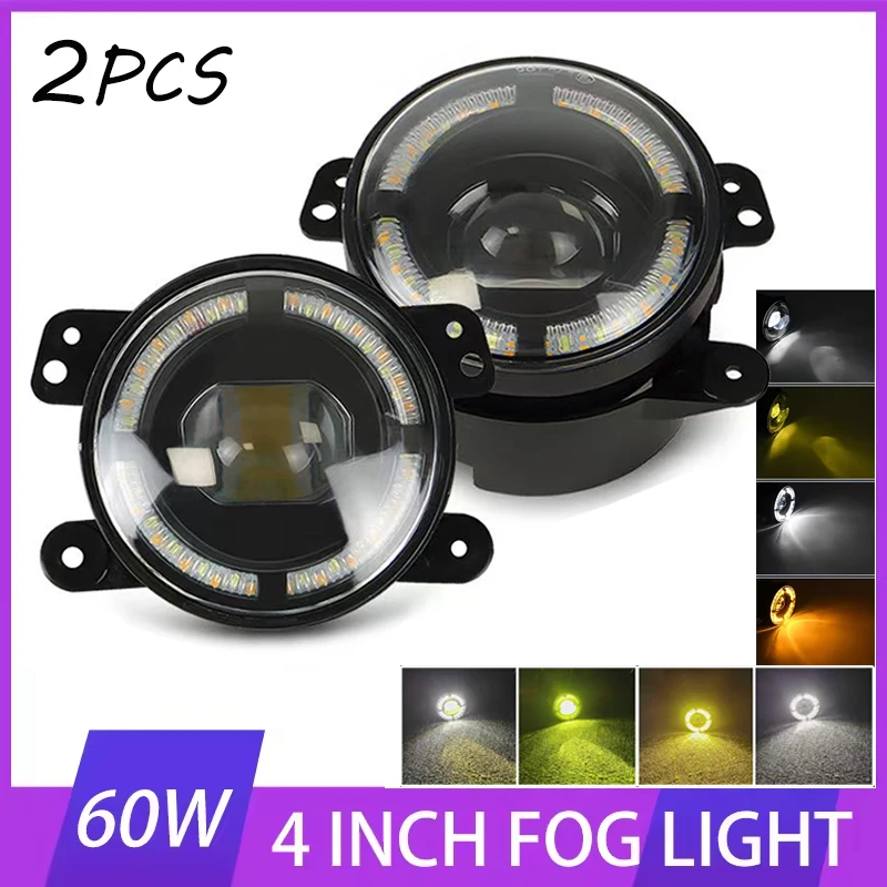 

2pcs 60W 4Inch Round LED Front Fog Light, Suitable For JP Wrangler JK TJ CJ ATV White DRL Amber Turn Signal off-road Spotlight
