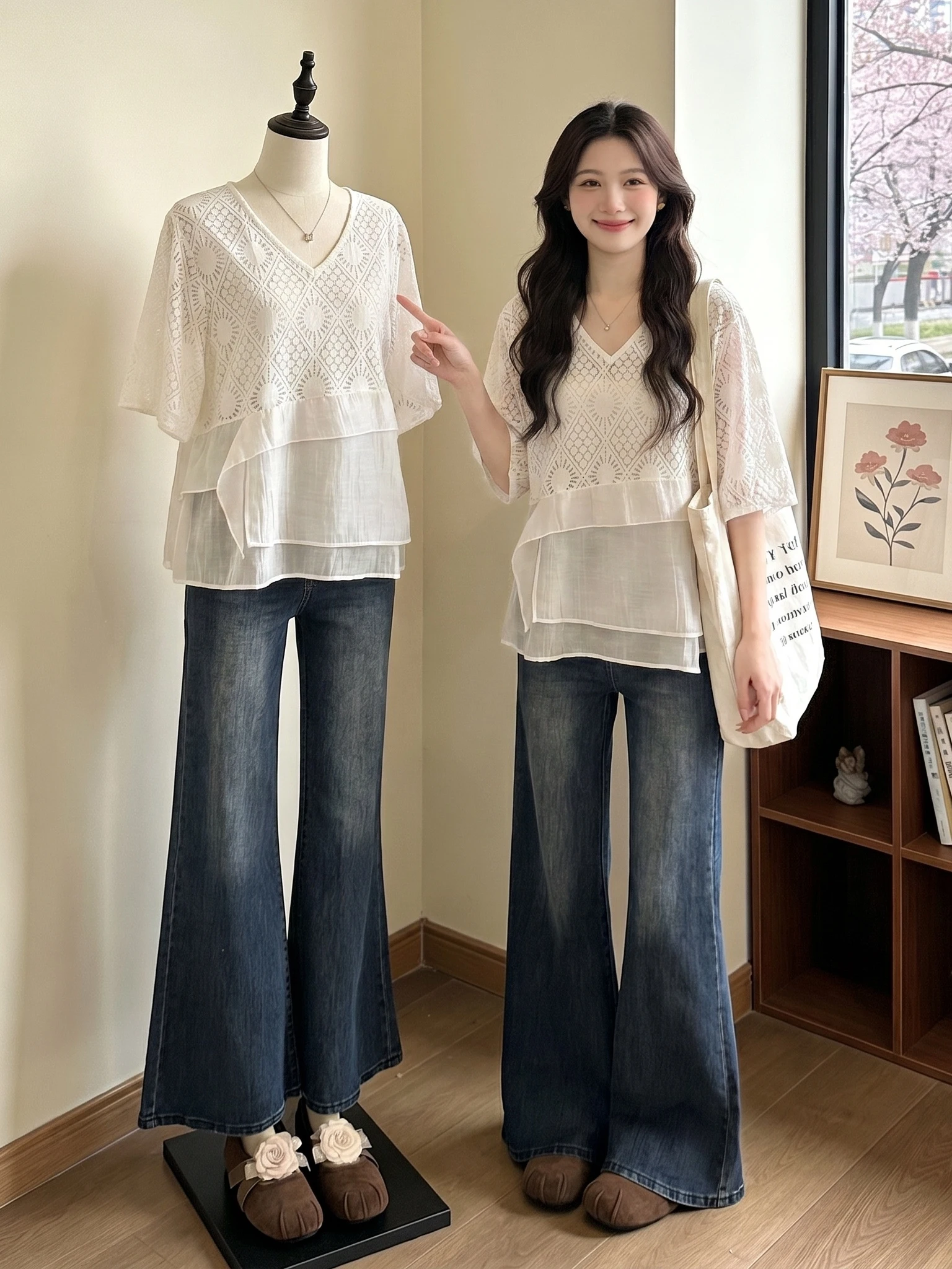

Women's V-neck Short Sleeve Hollow out Hook Design Shirt Korean Style Loose Fit Summer New Arrival plus Size Midi Top