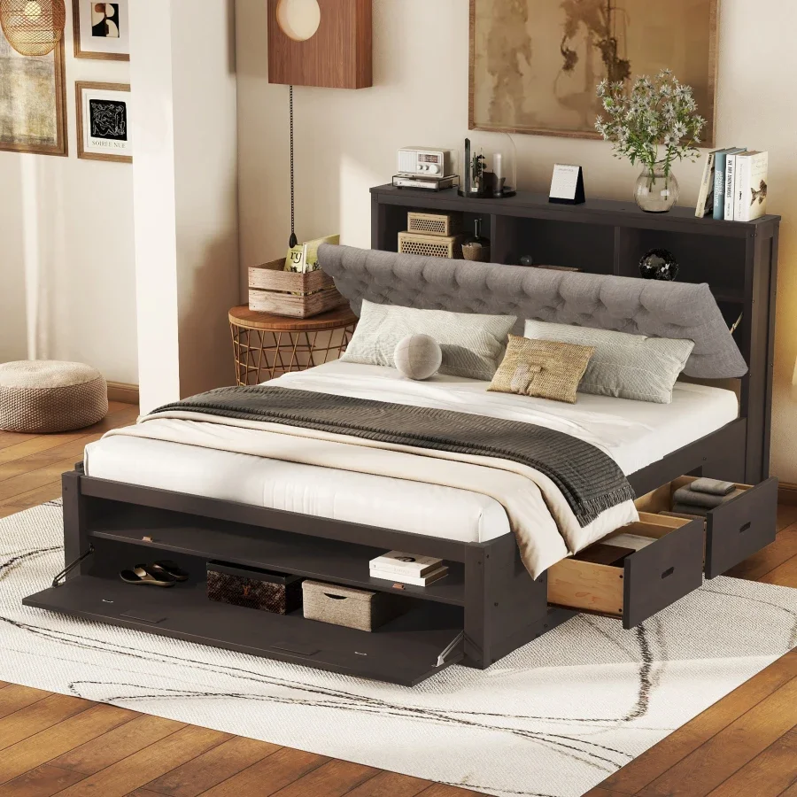 Wood Queen Size Platform Bed with Storage Headboard, Shoe Rack and 4 Drawers, Sturdy Construction, Multiple Spaces