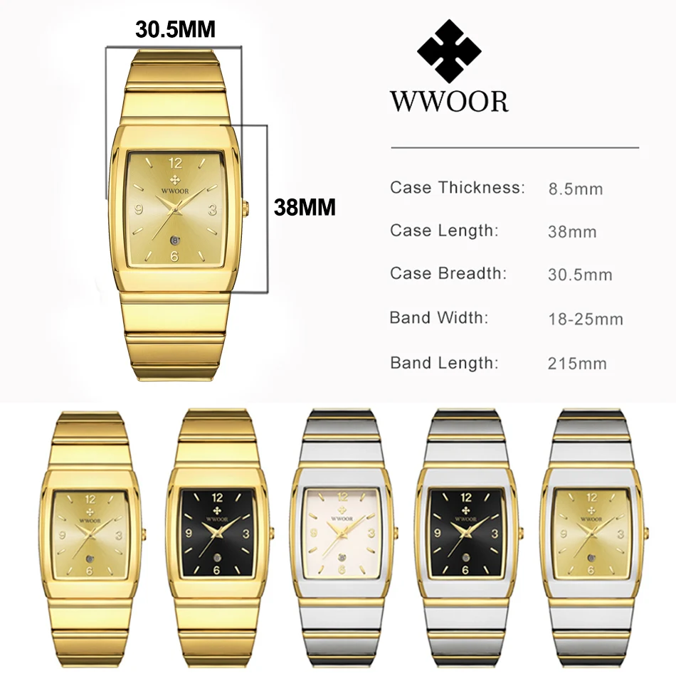 WWOOR-Montre carrée de luxe pour homme avec date automatique, acier inoxydable, or, montres-bracelets à quartz pour homme, nouveau