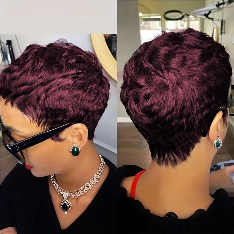 6inch Short Pixie Cut Straight Wig 100% Human Hair for Women Machine Made with Pre-Styled Bangs Tangle-Free Natural Hairline image 3