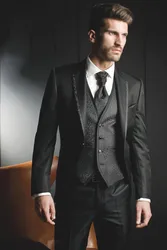 2023 Nuovo Arrivo Fiore Nero Vestito Maschile Sottile Sposo Smoking Casual Abiti Da Sposa Formali Per Gli Uomini 3 Pezzi Set (Blazer + Pantaloni + Vest)