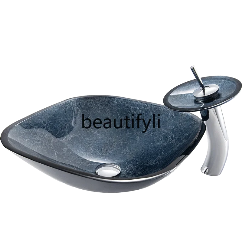 Tempered glass table basin simple gray-blue art basin ingot shape