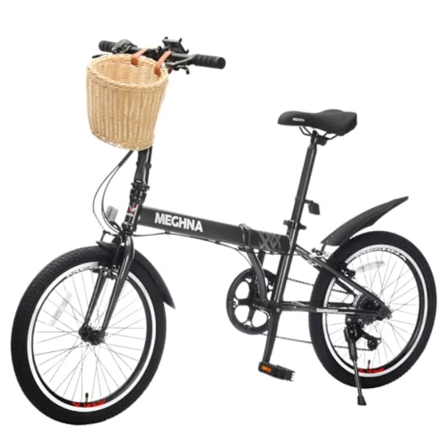 20 Inch Foldable City Bike with 6 Speed Transmission and Double V-Brakes High Carbon Steel Frame Black Ideal for Commuting Trav