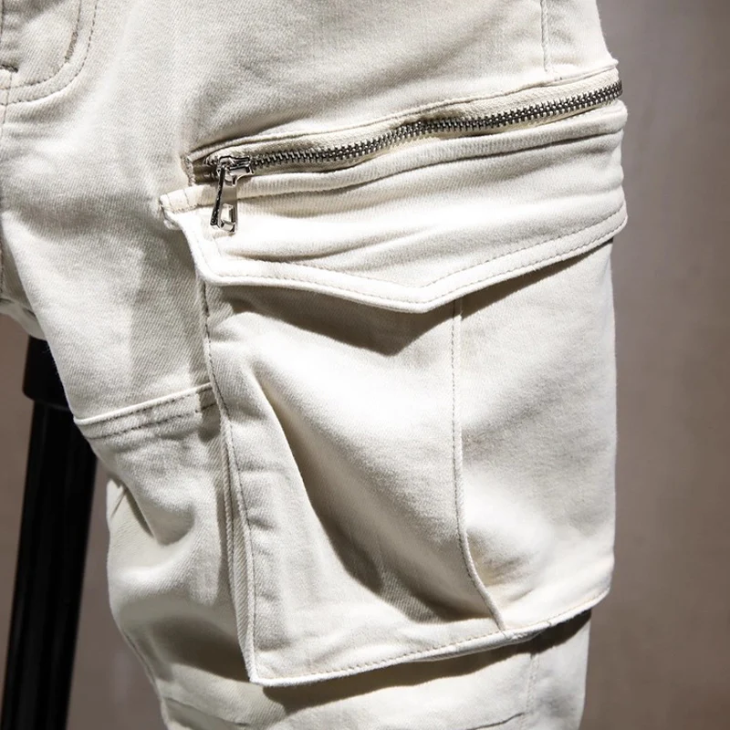 Street Designer Fashion Men Jeans Beige White Stretch Slim Fit Multi Pockets Denim Cargo Pants Homme Spliced Hip Hop Biker Jeans
