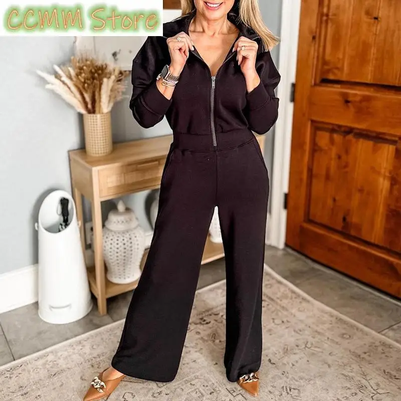 

New Autumn Winter Women's Zipper Top Romper Female Solid Color Office Overall Jumpsuit Lady Causal Pocket Straight Pant Playsuit
