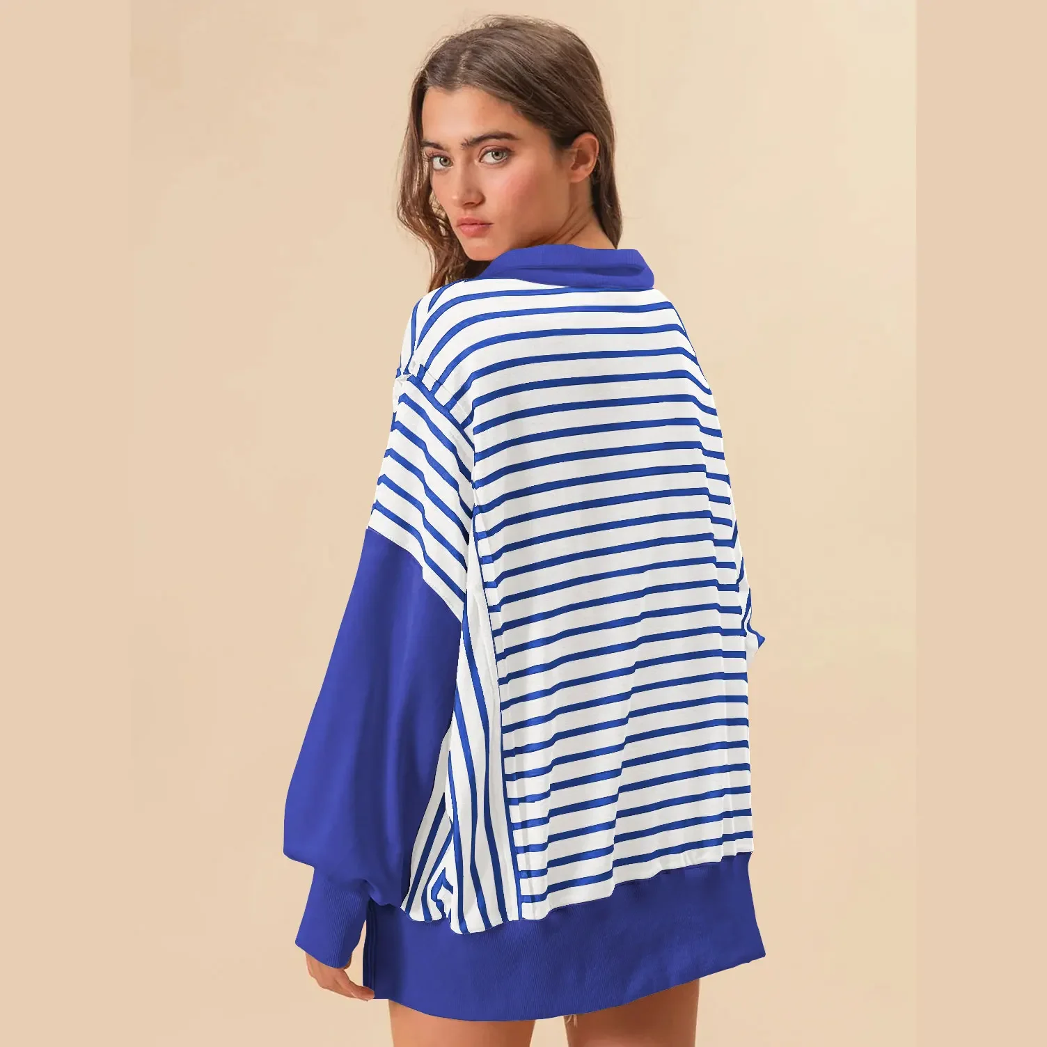 Pullover Stripe Color Block Vestibilità ampia Felpe con spalle scoperte con colletto oversize Giacca a maniche lunghe da donna Felpa ampia