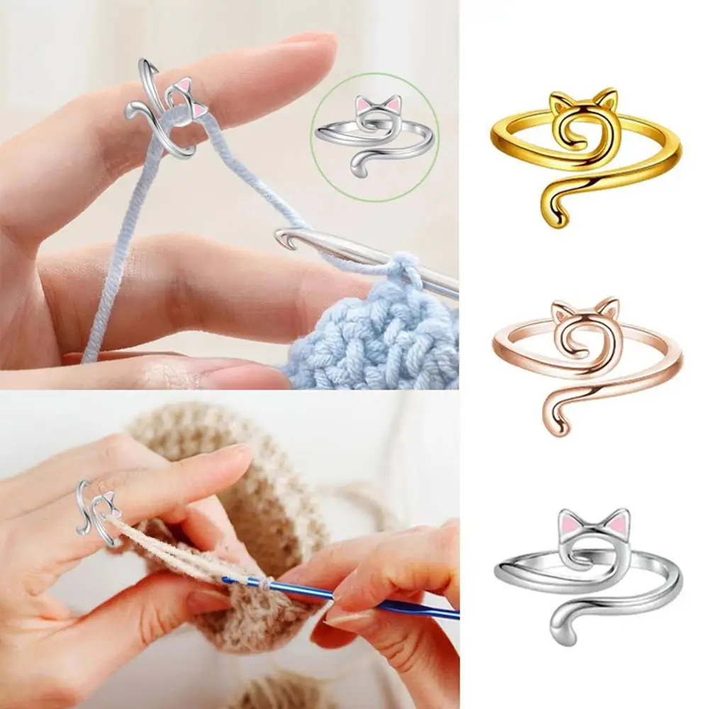 Crochet Wire Ring Crochet Tool Thread Wrapped Rings Cat Ears DIY Knitting Accessories Ring Adjustable Knitting Loop