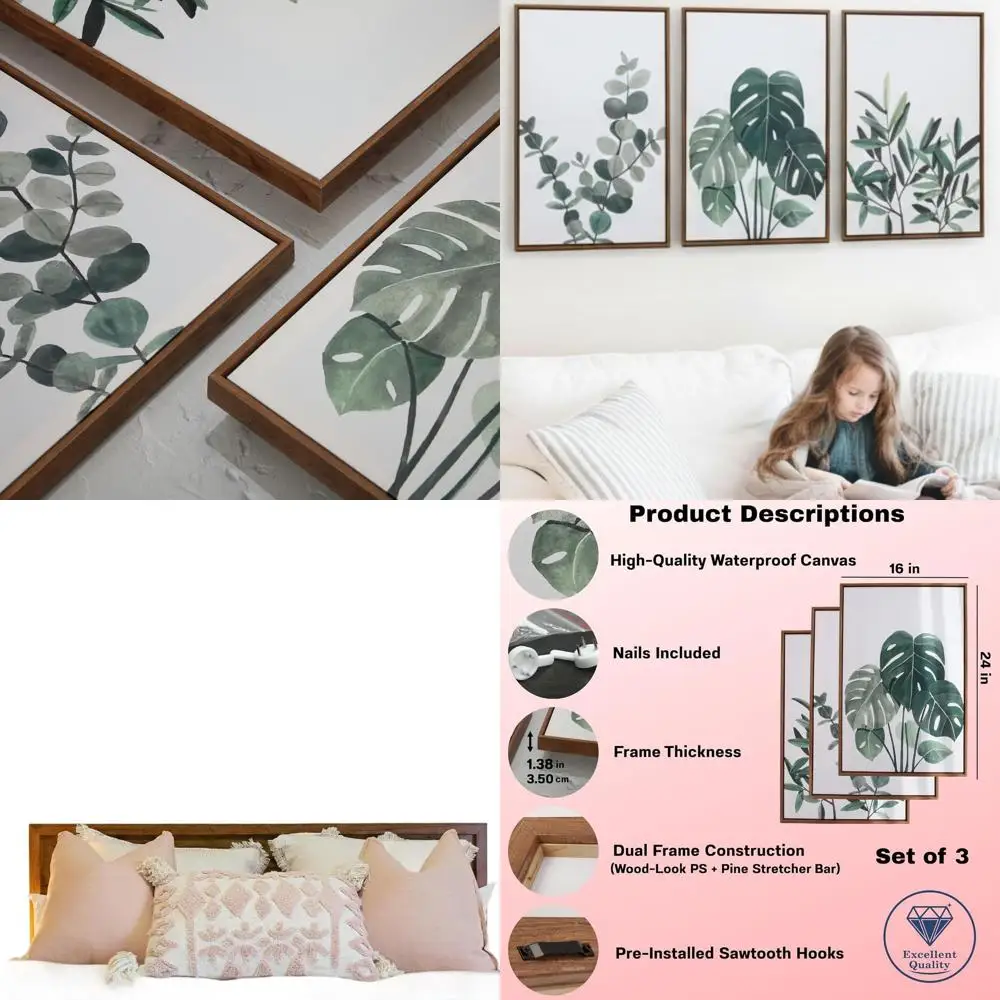 

3-Piece Neutral Green Botanical Wall Art Set, 16x24 - Minimalist Boho Style for Home or Office