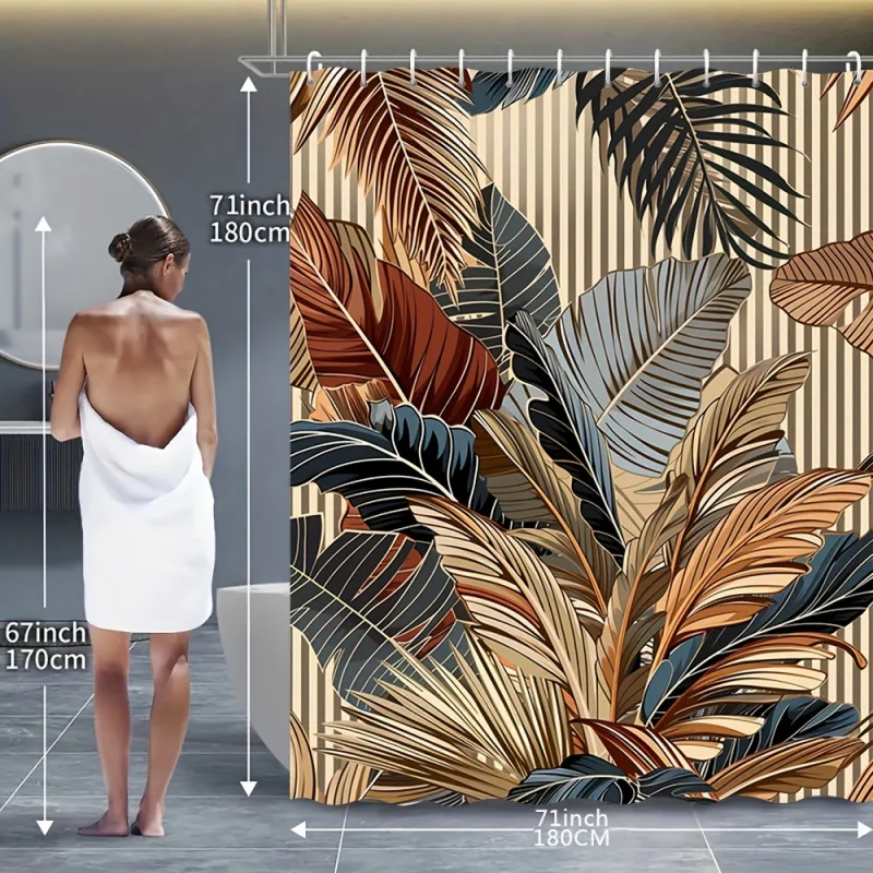 Tropical Leaves Bathroom Set: Includes 12 Free Hooks, Waterproof Shower Curtain, Non-Slip Bath Mat, Toilet Seat Cover, and Bath