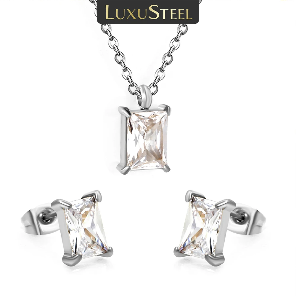 LUXUSTEEL Silver Color Style Cubic Zirconia Pendants Earring Jewelry Sets For Women Stainless Steel Necklace Daily Wedding Gifts