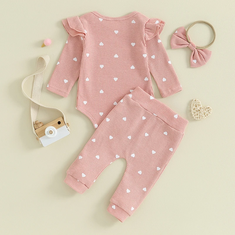 Infant Baby Girl Waffle Knit Pants Set Heart Long Sleeve Romper Pants Headband Suit 3 Piece Outfits Fall Clothes