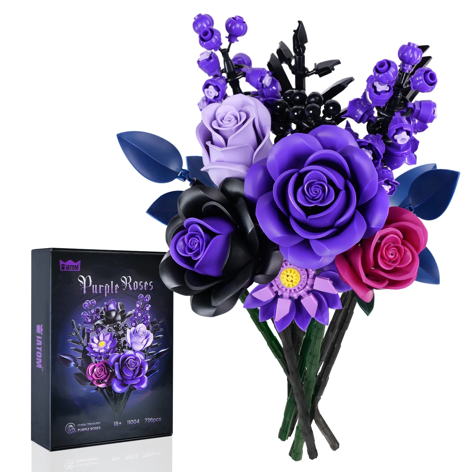 BuildMOC Purple Rose Botanical Building Block Set,Gothic Decor Artificial Rose Flower Bouquet Model Toys Valentines Day Gifts