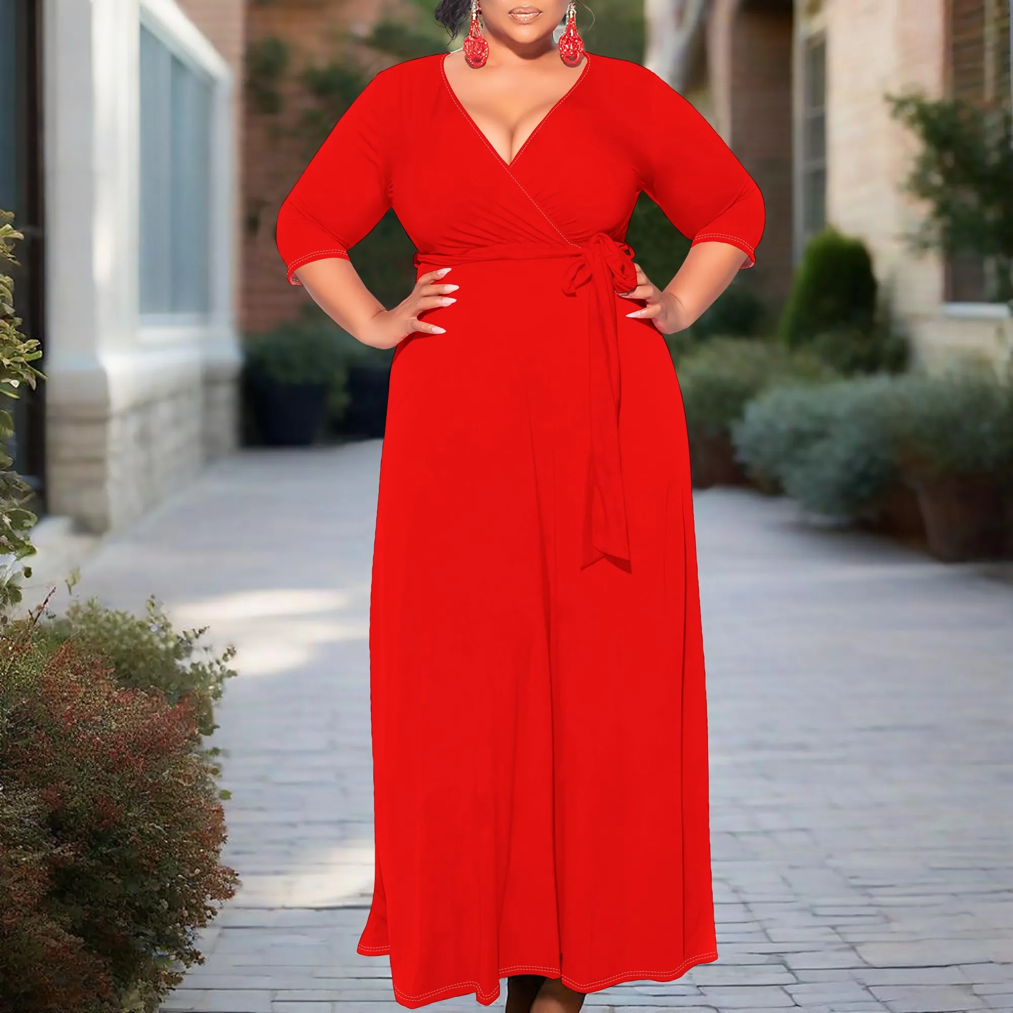 

Plus Size Casual Wrap Long Maxi V-Neck 3/4 Sleeve Dress for Women Empire Waist Print Flowy Beach Vacation Sundress with Belt